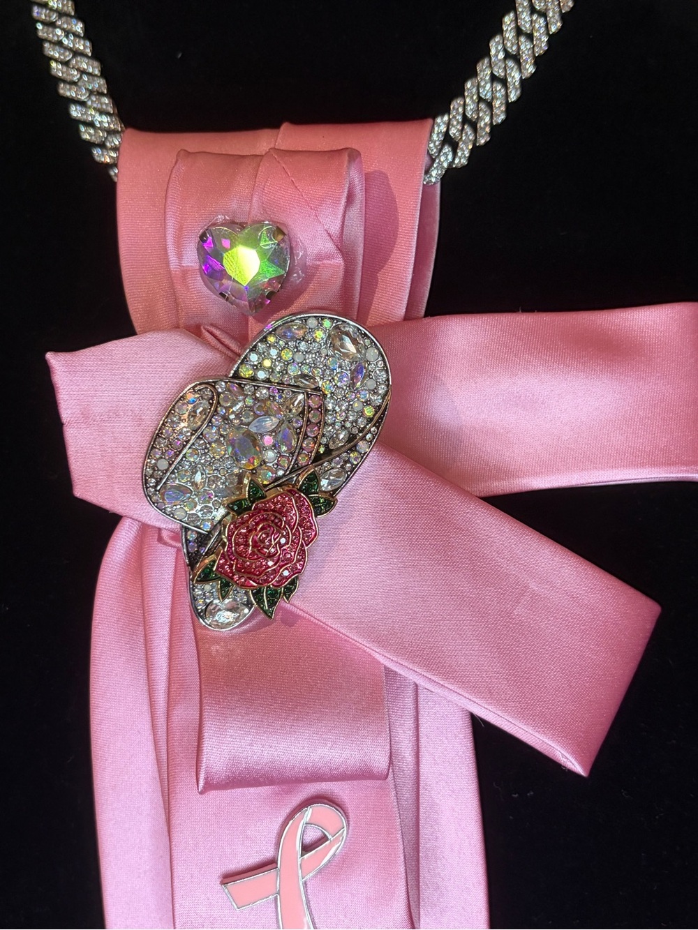 Pink Ribbon Crystal Rose Pendant Necklace - Women Jewelry